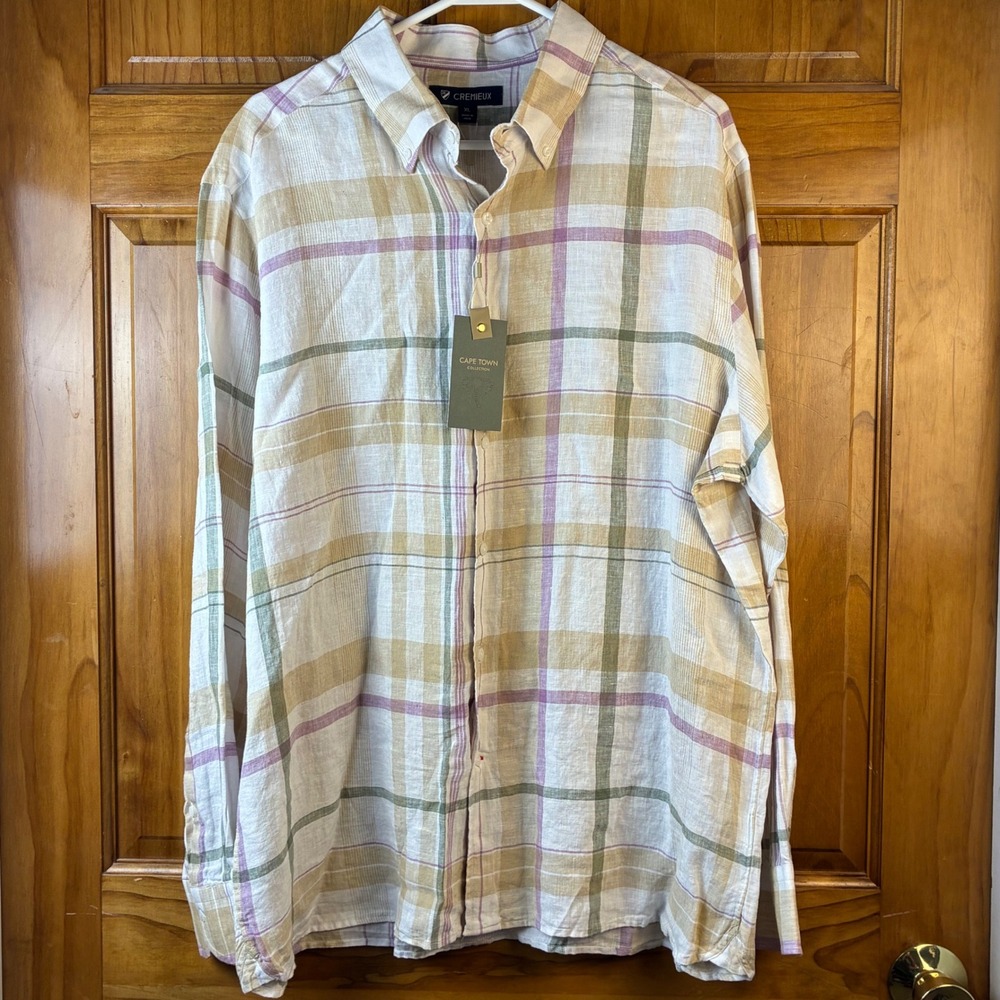 Cremieux Cape Town‎ Mens XL Linen Plaid Button Down Shirt Coastal Travel Preppy